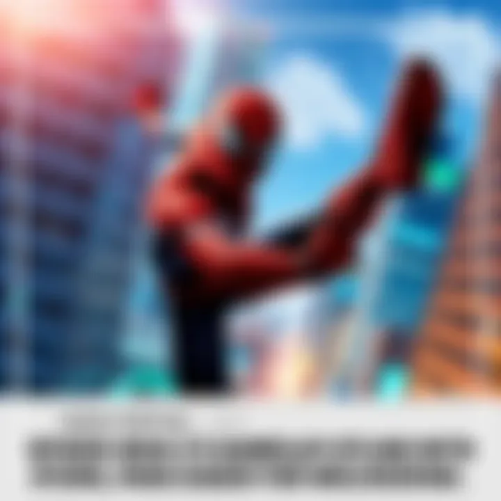 Spider-Man performs an impressive swing between skyscrapers in a vibrant cityscape