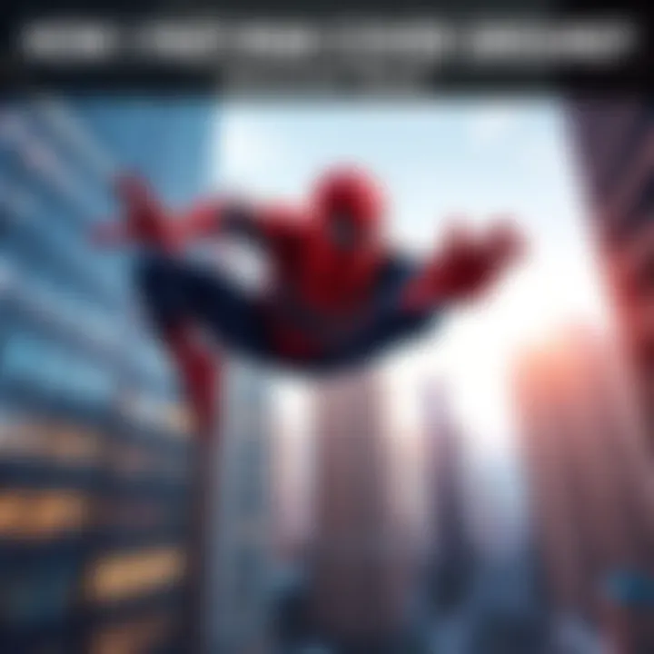 Spider-Man swiftly swings between tall buildings in an urban setting, showcasing his speed and agility.