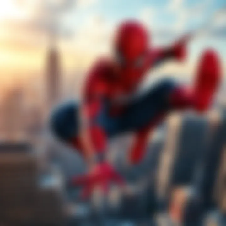 Spiderman swinging through a city skyline, showcasing his iconic red and blue suit and web-shooting abilities.