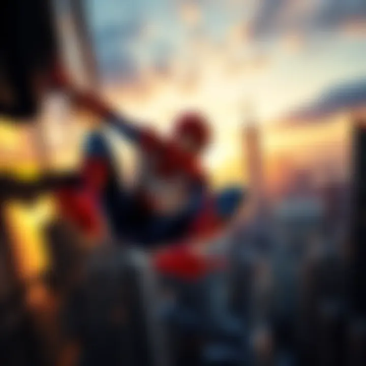 Spider-Man Launching from a Building Spider-Man swinging through the city skyline with excitement in the trailers from 2018.