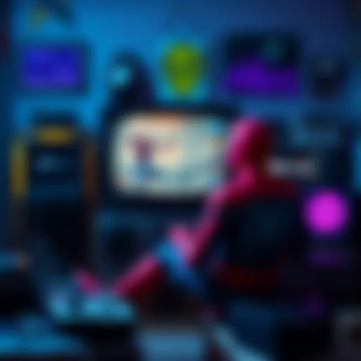 A player enjoying Insomniac's Spider-Man 2 on a vintage CRT television, surrounded by retro gaming setup and memorabilia.