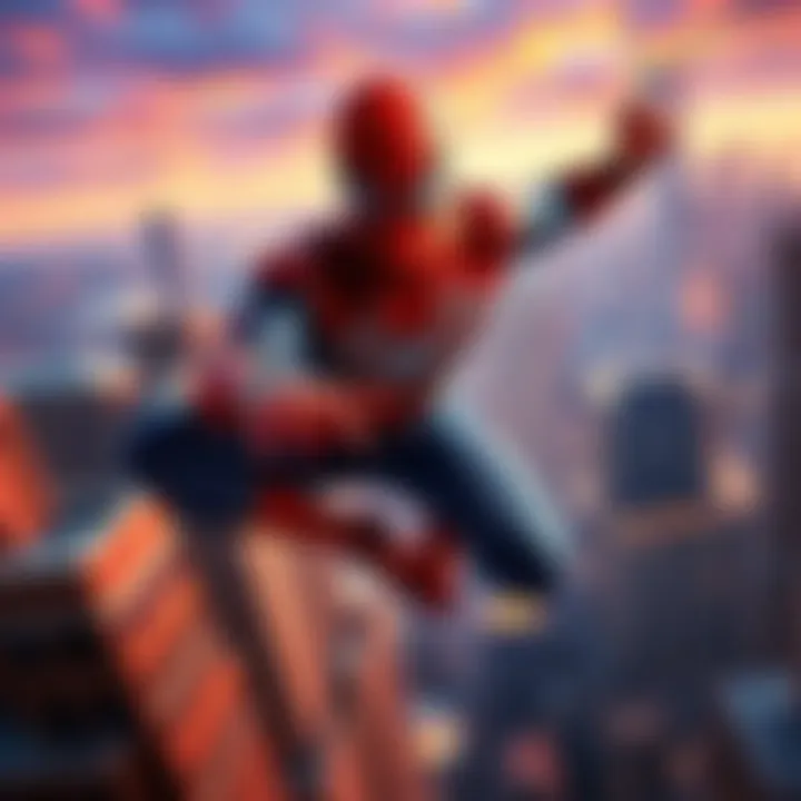 Spider-Man swinging between buildings in a vibrant city skyline
