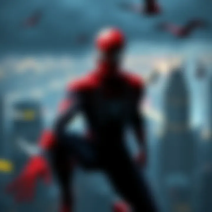 Spider-Man Game Concept A dark and moody game environment featuring Spider-Man in a dramatic pose, with cityscape background.