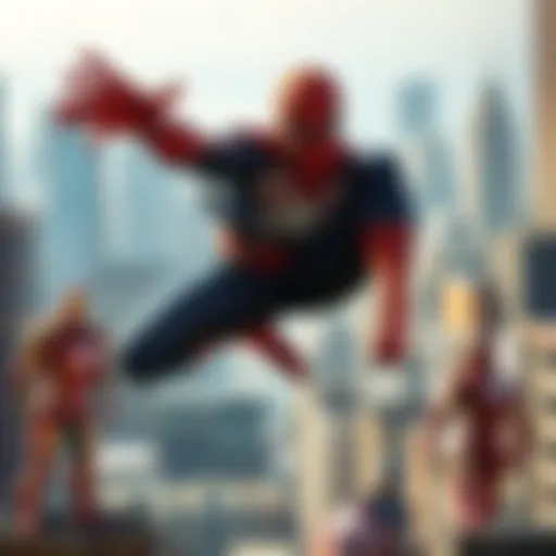 Spider-Man swinging through a cityscape while other superheroes like Iron Man and Captain America stand nearby, showcasing his limited role in the game