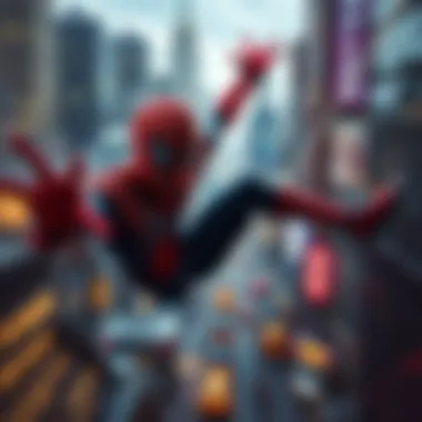 Spider-Man swinging through the city, showcasing vibrant graphics inspired by movies and anime.