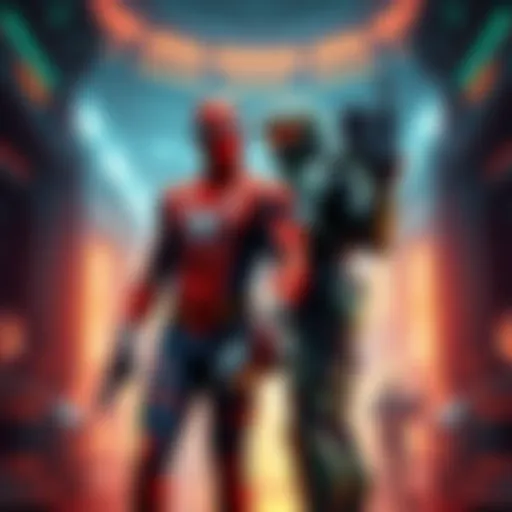 Spiderman and Master Chief stand together, ready for battle in a futuristic environment with sci-fi elements.