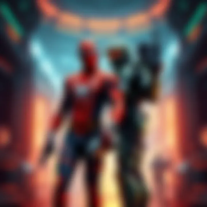 Spiderman and Master Chief stand together, ready for battle in a futuristic environment with sci-fi elements.