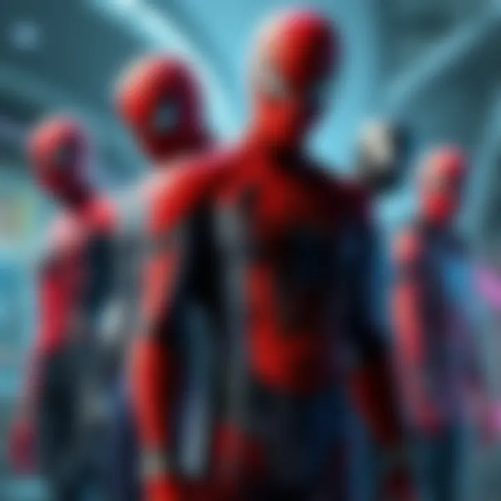 Various Spiderman suits displayed on characters from gaming, featuring styles like the 90s Peter Parker and TASM 1 suits.