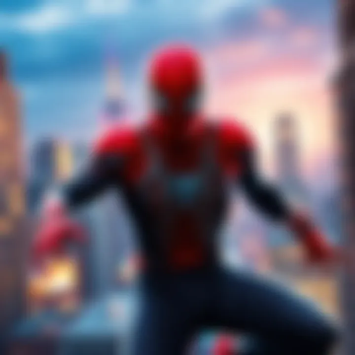 Spider-Man wearing a newly designed suit in an action pose against a city backdrop
