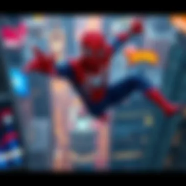Spider-Man Photo Mode Spider-Man swinging through the city, capturing a dynamic photo in photo mode with vibrant visuals.