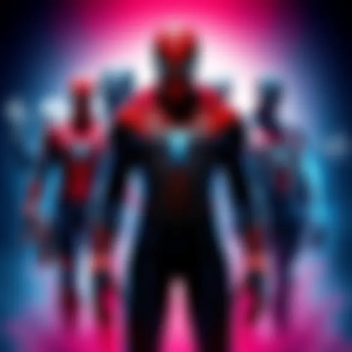 Variety of Spider-Man suits displayed including Big Time Armour, Dark Suit, and Scarlet II