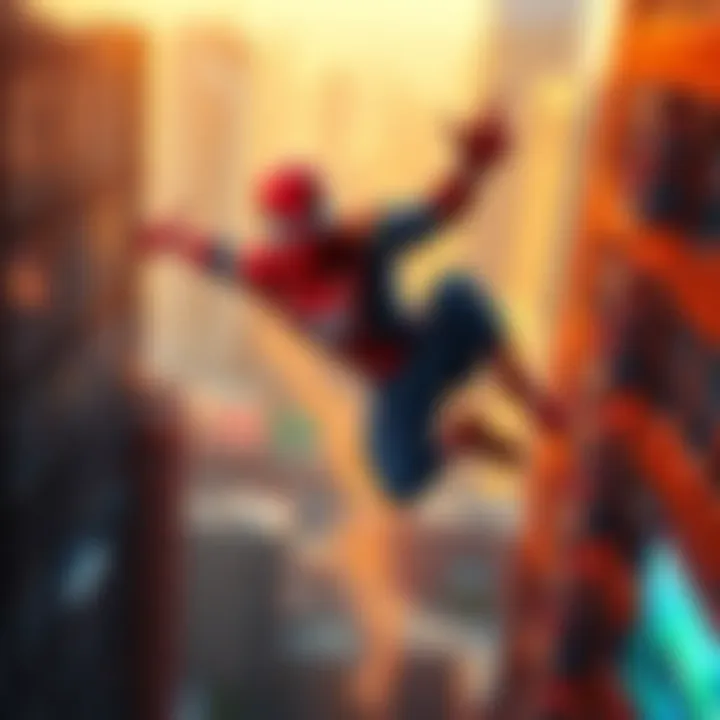 Spider-Man swinging through the city Spider-Man swings between buildings in a vibrant cityscape, showcasing his agility and new character design.