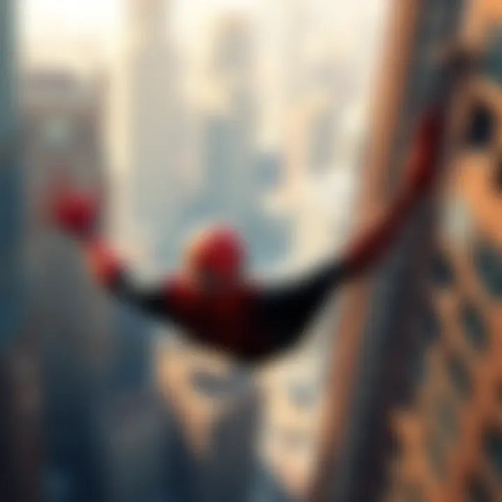Spider-Man in action, swinging between skyscrapers with new gadgets and training features in the background
