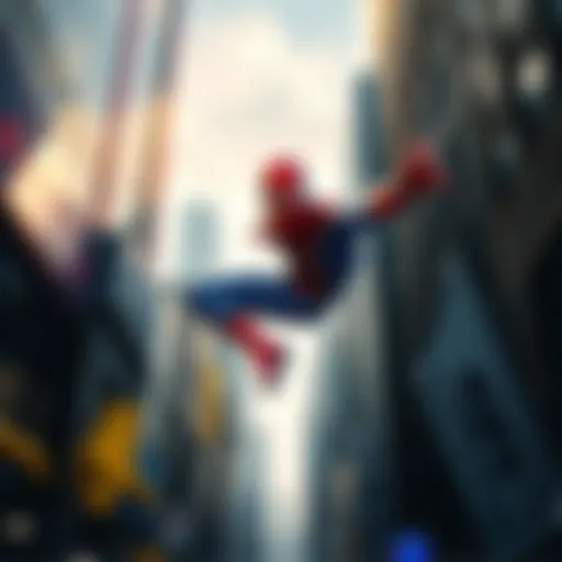 Spider-Man in a red and blue suit swings between tall buildings in a busy city