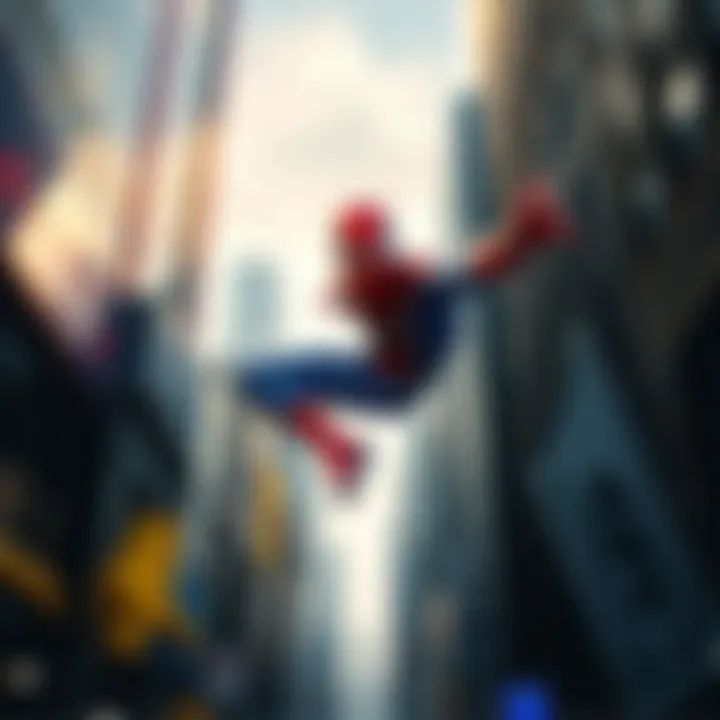 Spider-Man in a red and blue suit swings between tall buildings in a busy city