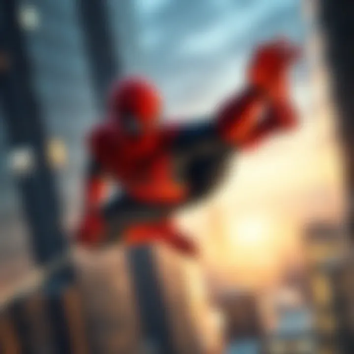 Spider-Man swinging through the city Spider-Man in his iconic suit swinging between skyscrapers, with a vibrant city skyline in the background.