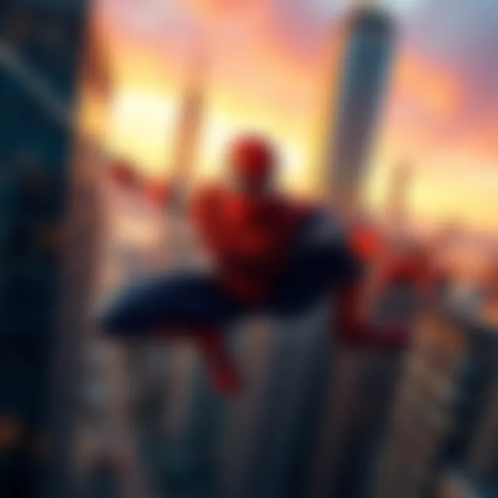 Spider-Man swinging through the city Spider-Man in a dynamic pose, swinging between skyscrapers in New York City, showcasing his iconic suit and agility.