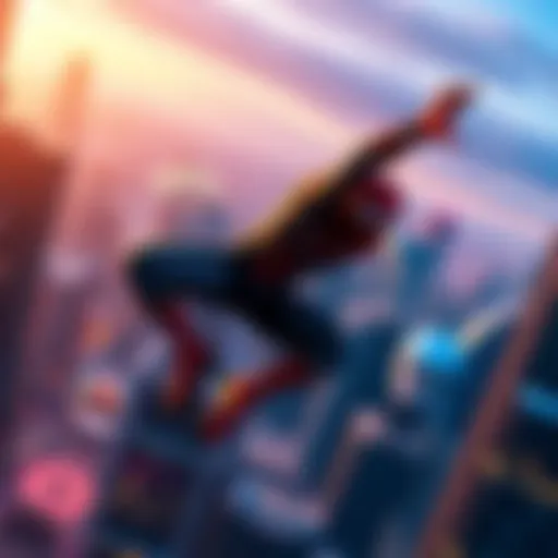 Spider-Man leaping between buildings in a vibrant city environment