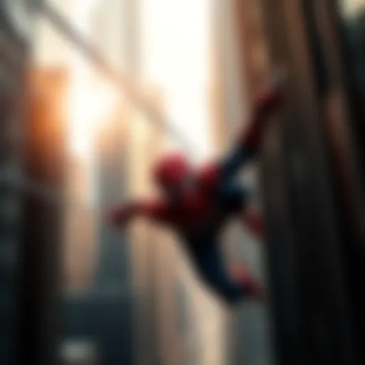 Spider-Man swinging between skyscrapers in a vibrant city environment