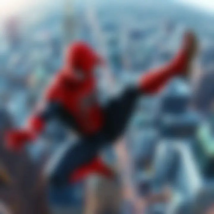 Spiderman in his red and blue suit swings over a bustling city skyline, showcasing action and excitement.
