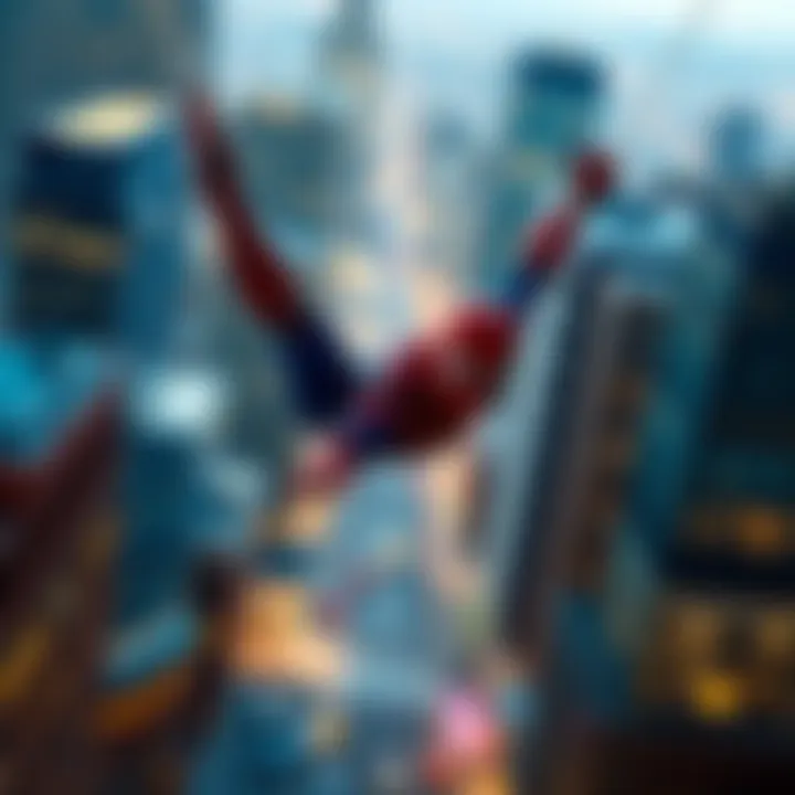Spider-Man swinging through the city Spider-Man in his iconic red and blue suit swinging between skyscrapers in a bustling cityscape, symbolizing eight years of cinematic journey