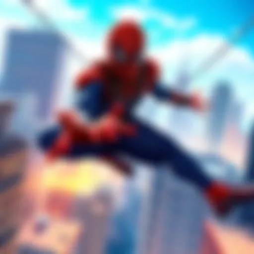 A digital illustration of Spider-Man swinging between skyscrapers in a vibrant cityscape, showcasing his iconic red and blue suit.