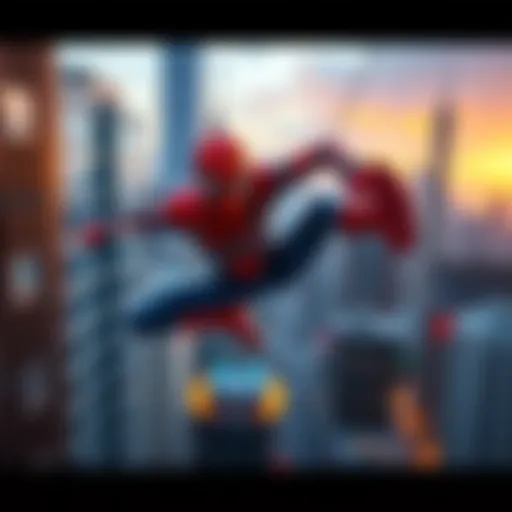 Spider-Man in a dynamic pose swinging between skyscrapers with a vibrant city backdrop