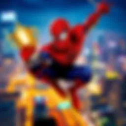 A character resembling Spiderman swinging through the city while holding a trophy, with vibrant cityscape in the background.