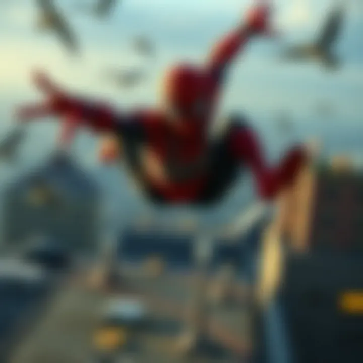 Spider-Man falling after a failed landing on a rooftop