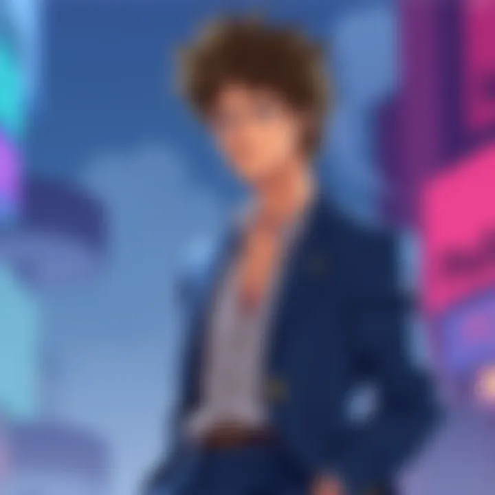 Spike Spiegel, the bounty hunter from Cowboy Bebop, is standing with a relaxed posture, looking cool and confident in his signature blue suit and messy hair.