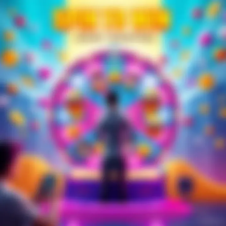 A colorful wheel of fortune with various emotes and in-game currency symbols, showing a player getting ready to spin for rewards