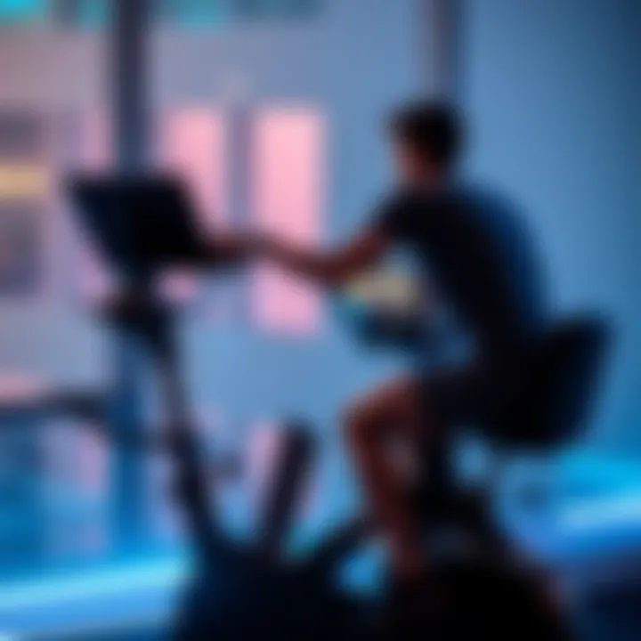 Individual riding a spin bike and engaging with a game on a Surface Pro for motivation during hip surgery recovery