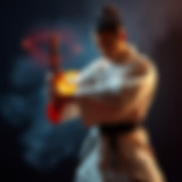 Martial artist performing a spinning strike A martial artist executing a spinning strike to deflect a dagger, showcasing combat technique in action