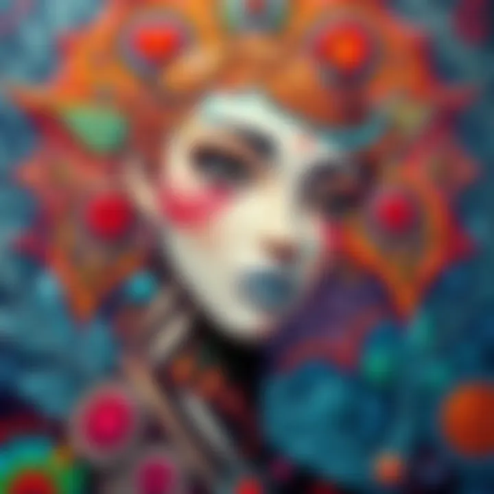 A colorful depiction of Spiral Girl with intricate patterns and design elements in the background, showcasing the artistic journey and cultural influences