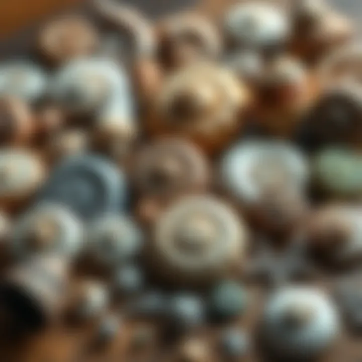 A close-up of various spiral shells and fossils arranged on a wooden table, showing unique shapes and textures.