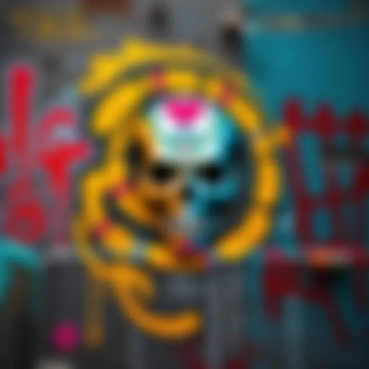 Artistic representation of Spiral Skull graffiti on a wall, showcasing vibrant colors and textures, reflecting cultural themes.