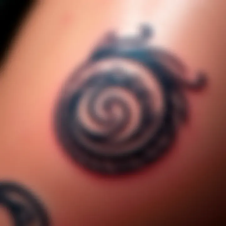 A close-up of a spiral tattoo inked on skin, showcasing its intricate curves and patterns.