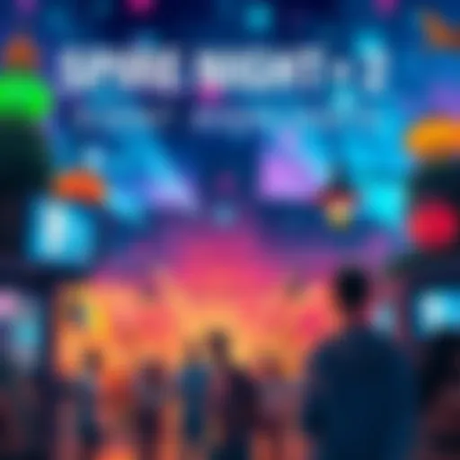 A vibrant display of popular items and exciting moments from the Spire Night 2 event with people enjoying themselves.