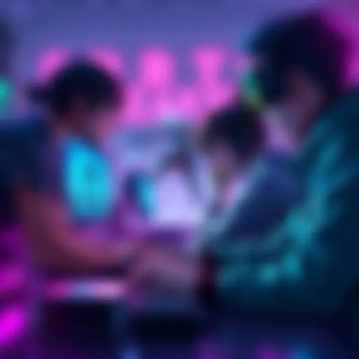 A group of gamers strategizing together over a computer, focused on their game with Spirit Breaker character on screen.