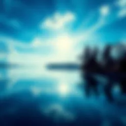 A serene landscape featuring a calm lake reflecting the sky, surrounded by trees, representing peace and spirituality in modern society.