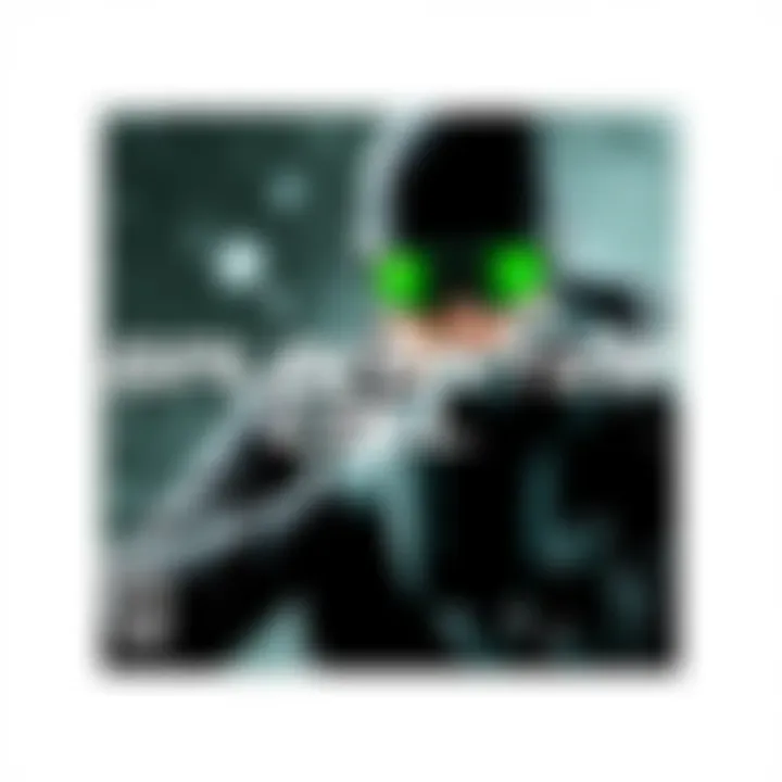A cover of the first Splinter Cell game featuring protagonist Sam Fisher in a stealth pose with night vision goggles