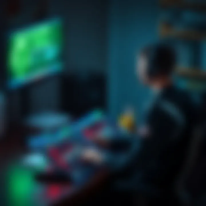 A gamer is sitting at a desk with multiple Splinter Cell game cases opened, looking at a screen displaying game info