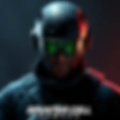 A stealthy character in tactical gear, showcasing iconic night vision goggles and a dark outfit, set against a shadowy background.