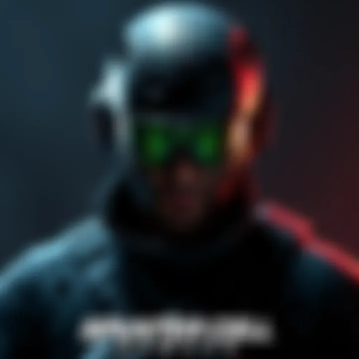 A stealthy character in tactical gear, showcasing iconic night vision goggles and a dark outfit, set against a shadowy background.