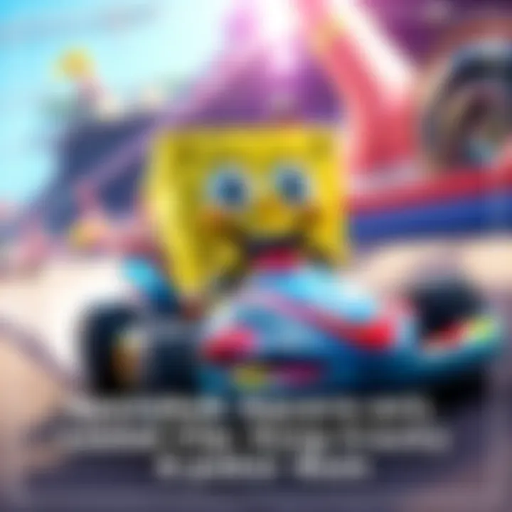 SpongeBob SquarePants in a racing car on a colorful track with hints of other characters in the background