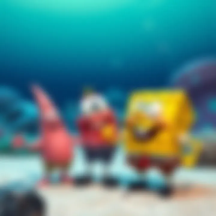 Spongebob Squarepants laughing with Patrick Star and Squidward Tentacles in Bikini Bottom