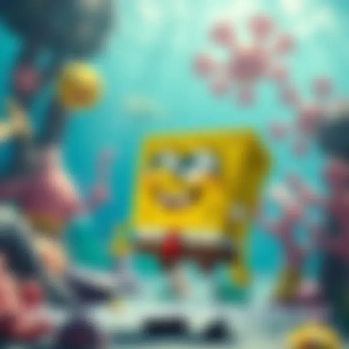 SpongeBob SquarePants character with underwater background and colorful sea creatures in a new game setting