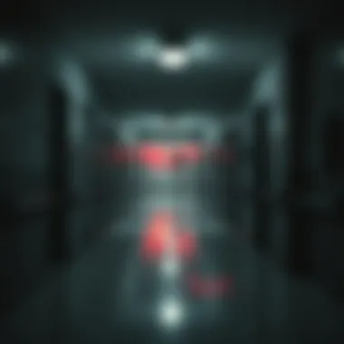 A dark, eerie hospital corridor with flickering lights and unsettling shadows, creating a tense atmosphere.