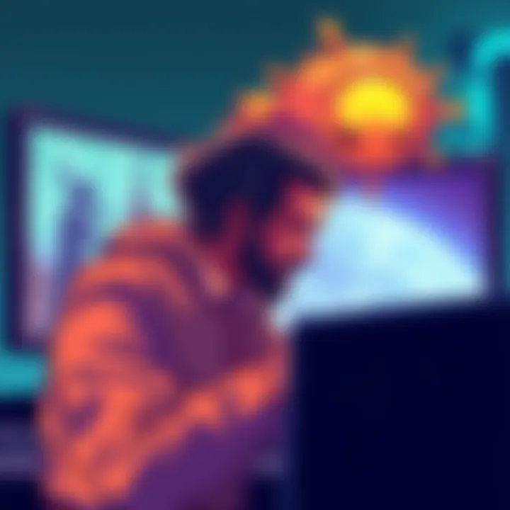 Illustration showing a frustrated player looking at a computer screen with Spore missing from their library after EA transfer.