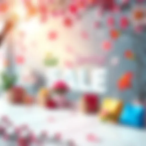 Bright spring banner promoting sales with colorful flowers and shopping items